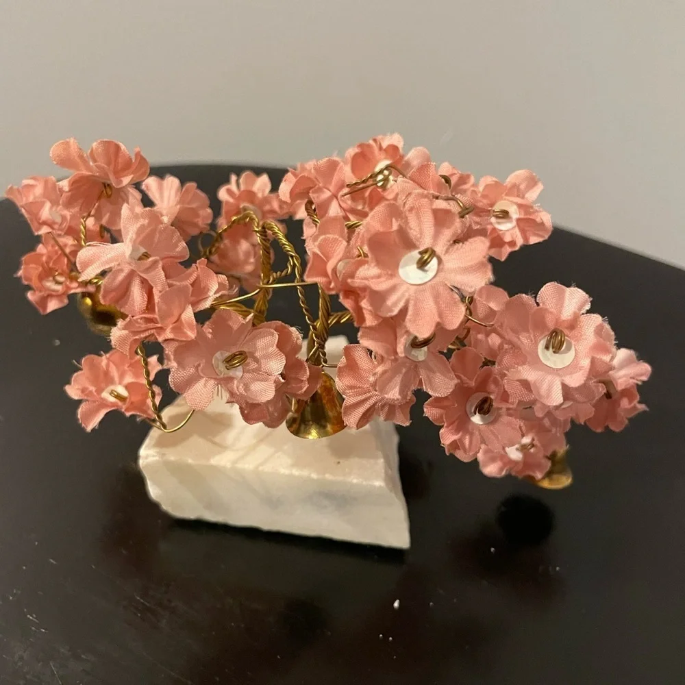 VTG Prosperity Tree Brass bells & light pink Fabric Flowers w/marble Base